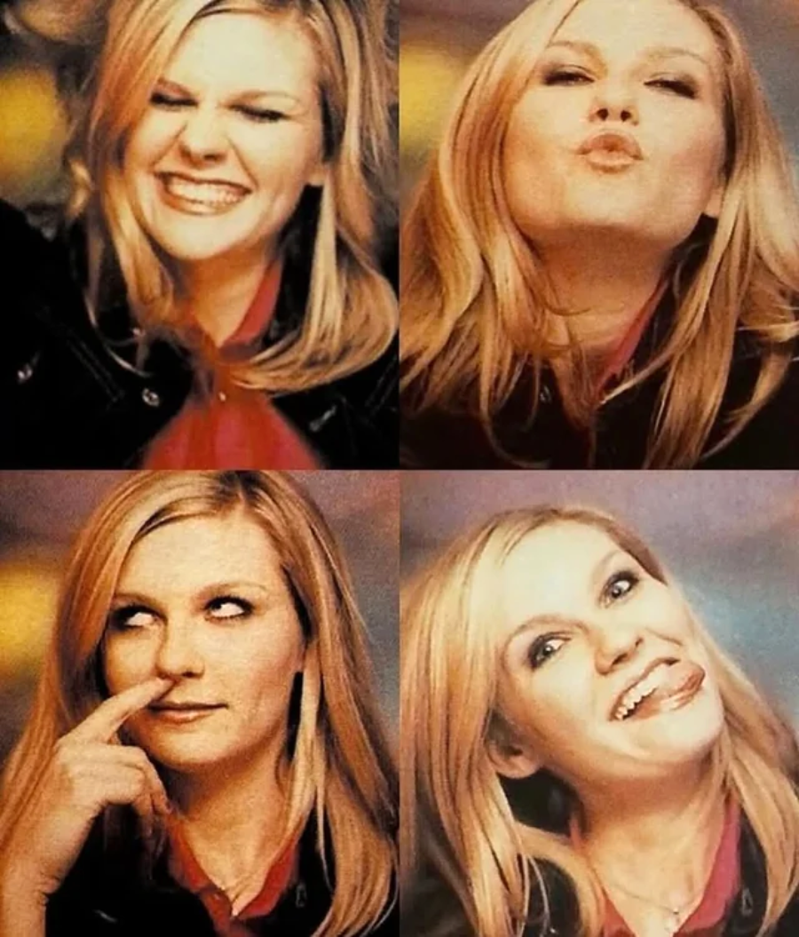 A blonde woman in four panels makes different funny faces: squinting and smiling, puckering her lips, picking her nose and looking up, and sticking out her tongue while smiling.