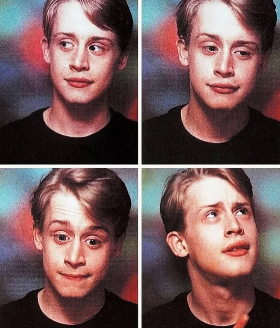 A young person with light hair in a black shirt is shown in four panels, each with a different facial expression: looking to the side, slightly smirking, pursing lips, and gazing upward thoughtfully.