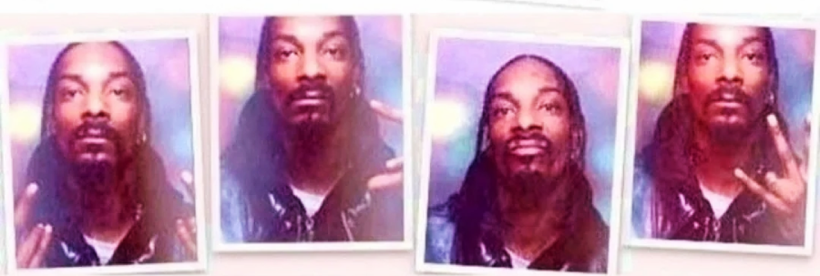 Four similar photos of a man with long hair and a mustache, wearing a dark jacket, posing with his hands showing different gestures against a purple background.