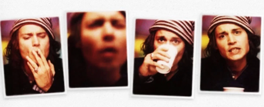 Four photos of a person in a striped beanie, showing various expressions: smoking, blurry-faced, drinking from a cup, and looking serious while holding the cup. The background is indistinct and colorful.