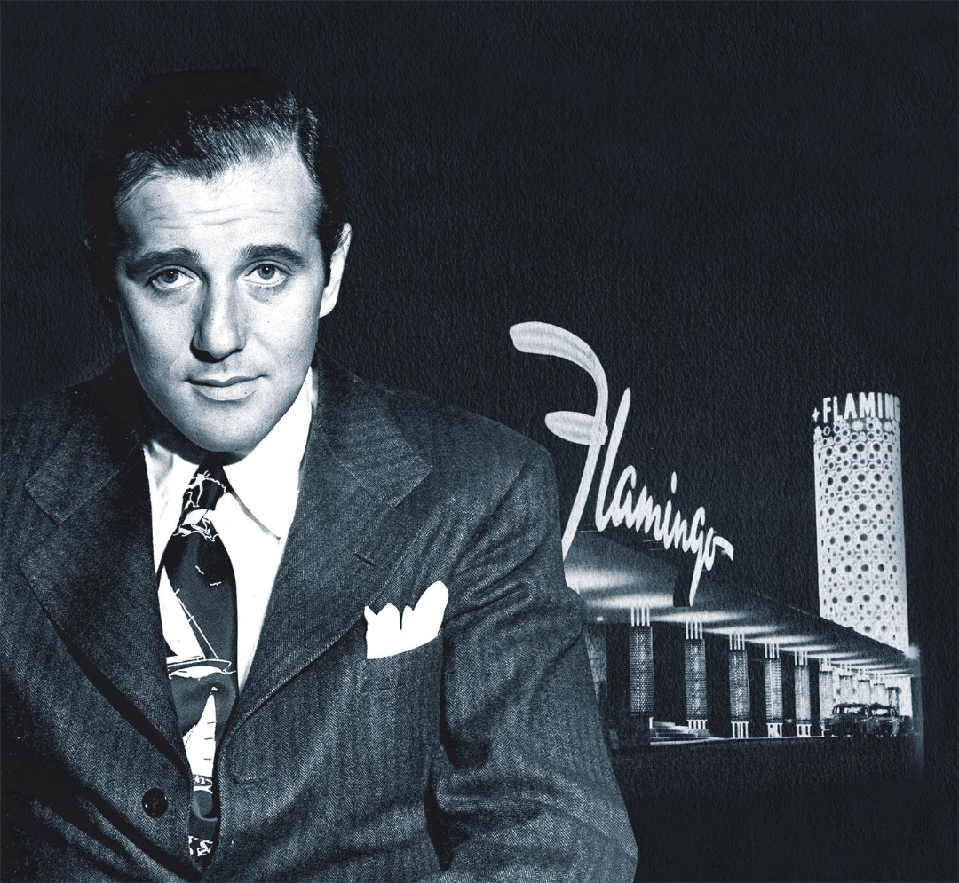A man in a suit and tie poses in front of a dark background featuring the neon sign and building of the Flamingo hotel. The image has a vintage, black-and-white style.