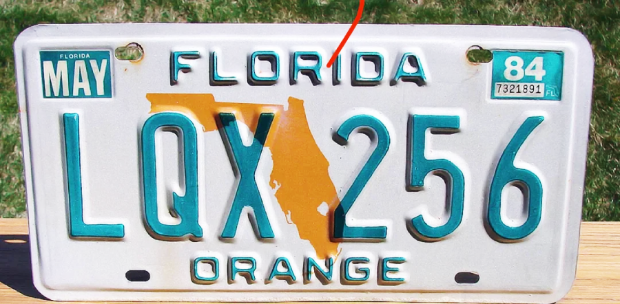 A vintage Florida license plate with the text “LQX 256,” green letters, an orange Florida map, “MAY” in the top left, “84” in the top right, and “ORANGE” at the bottom, set against a grassy background.