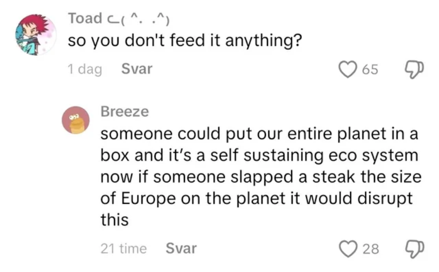 A social media exchange: Toad asks, "so you don't feed it anything?" Breeze replies about a self-sustaining planet, joking a giant steak dropped on Europe would disrupt the ecosystem.
