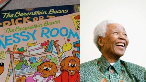 A stack of Berenstain Bears books next to an older person with white hair, wearing a patterned shirt and smiling while looking upward.