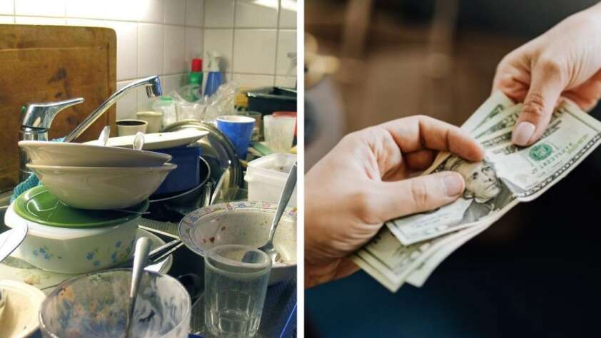 Two side-by-side images: on the left, a kitchen sink overflowing with dirty dishes; on the right, a hand giving cash to another hand.