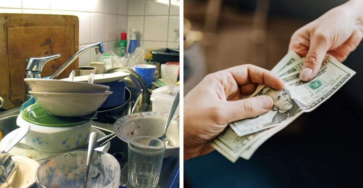 Two side-by-side images: on the left, a kitchen sink overflowing with dirty dishes; on the right, a hand giving cash to another hand.