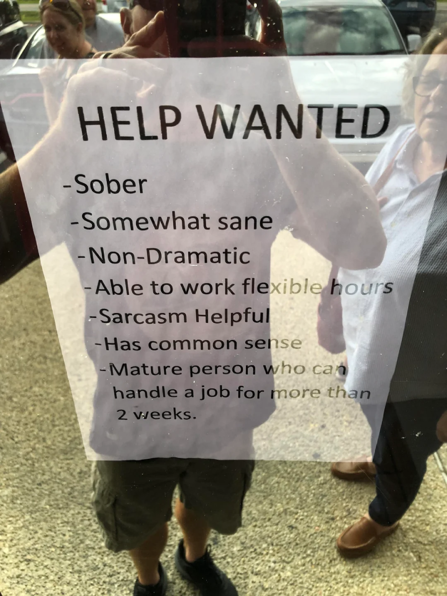 A "Help Wanted" sign on glass lists requirements: sober, somewhat sane, non-dramatic, able to work flexible hours, sarcasm helpful, has common sense, mature, and able to handle a job for over two weeks. Reflections are visible.