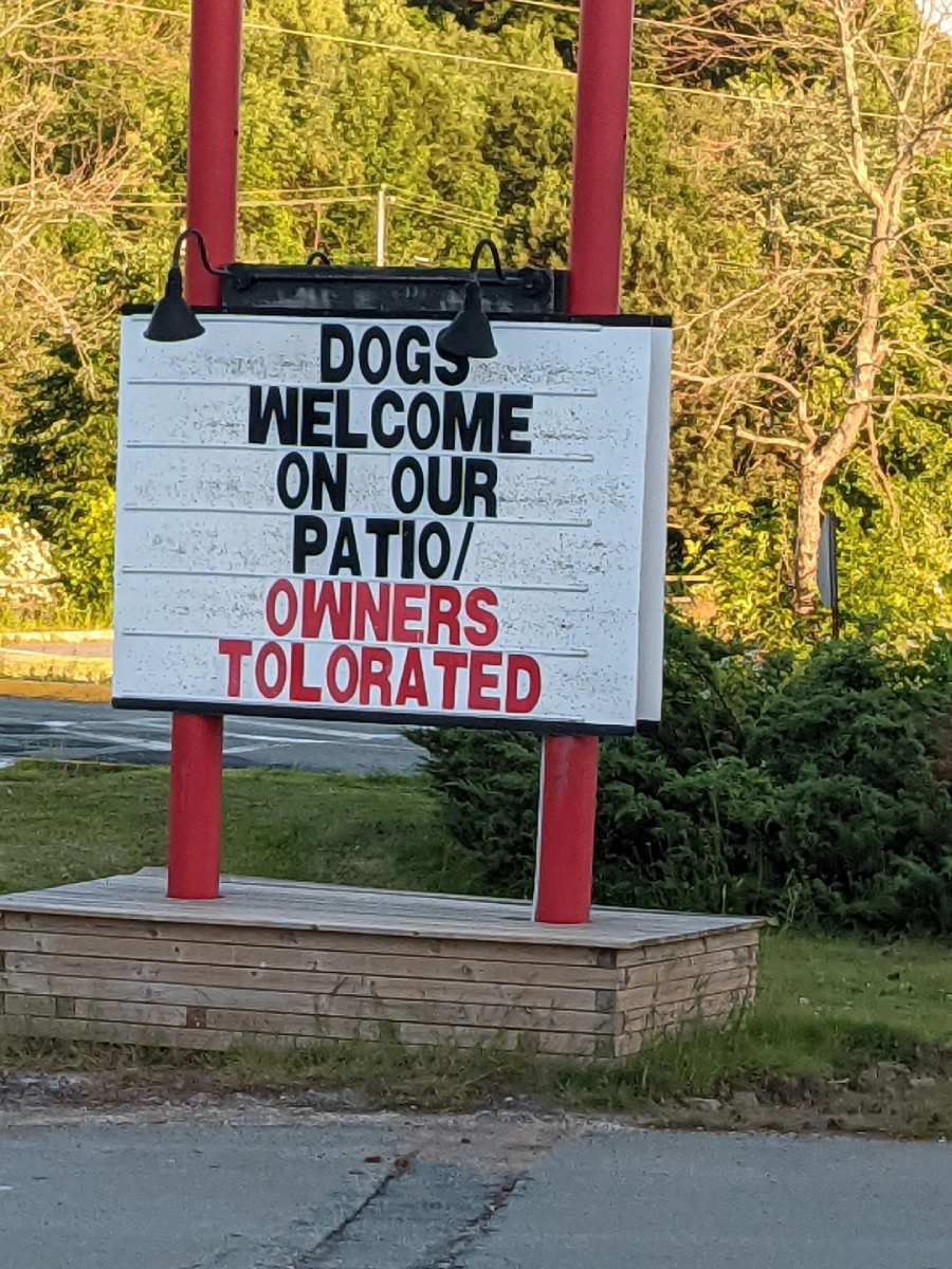 A sign reads, "DOGS WELCOME ON OUR PATIO/ OWNERS TOLERATED," with the second line in red letters, set outdoors with trees and bushes in the background.
