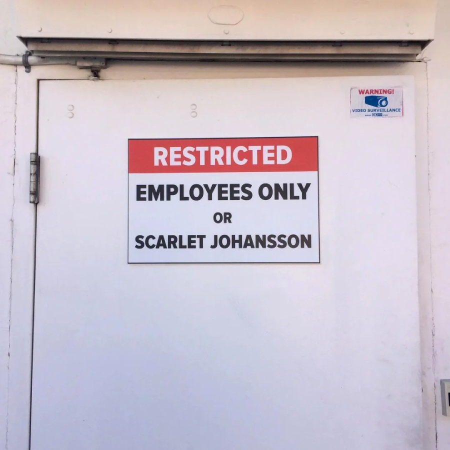 A white door with a sign that reads, “RESTRICTED. EMPLOYEES ONLY OR SCARLET JOHANSSON.” There is also a small video surveillance warning sign above the main sign.