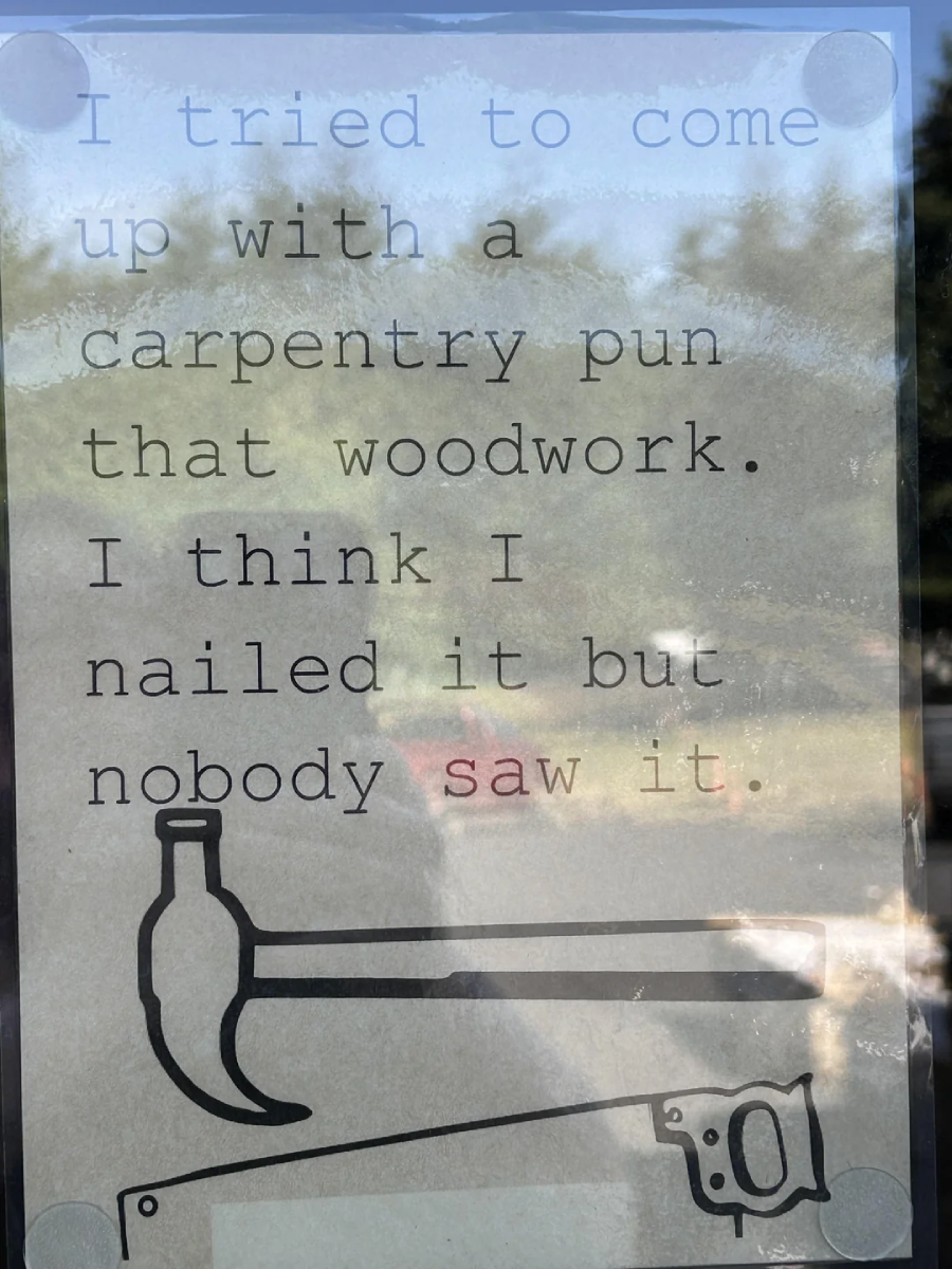 A sign reads: "I tried to come up with a carpentry pun that woodwork. I think I nailed it but nobody saw it." Below the text are simple drawings of a hammer and a saw.