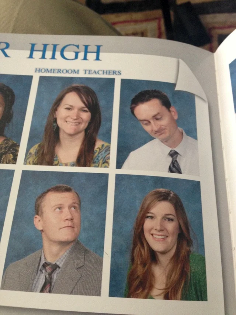 A yearbook page with four teachers' portraits; three are smiling at the camera, while the man in the top right is looking down and avoiding eye contact. The page corner is curled up.