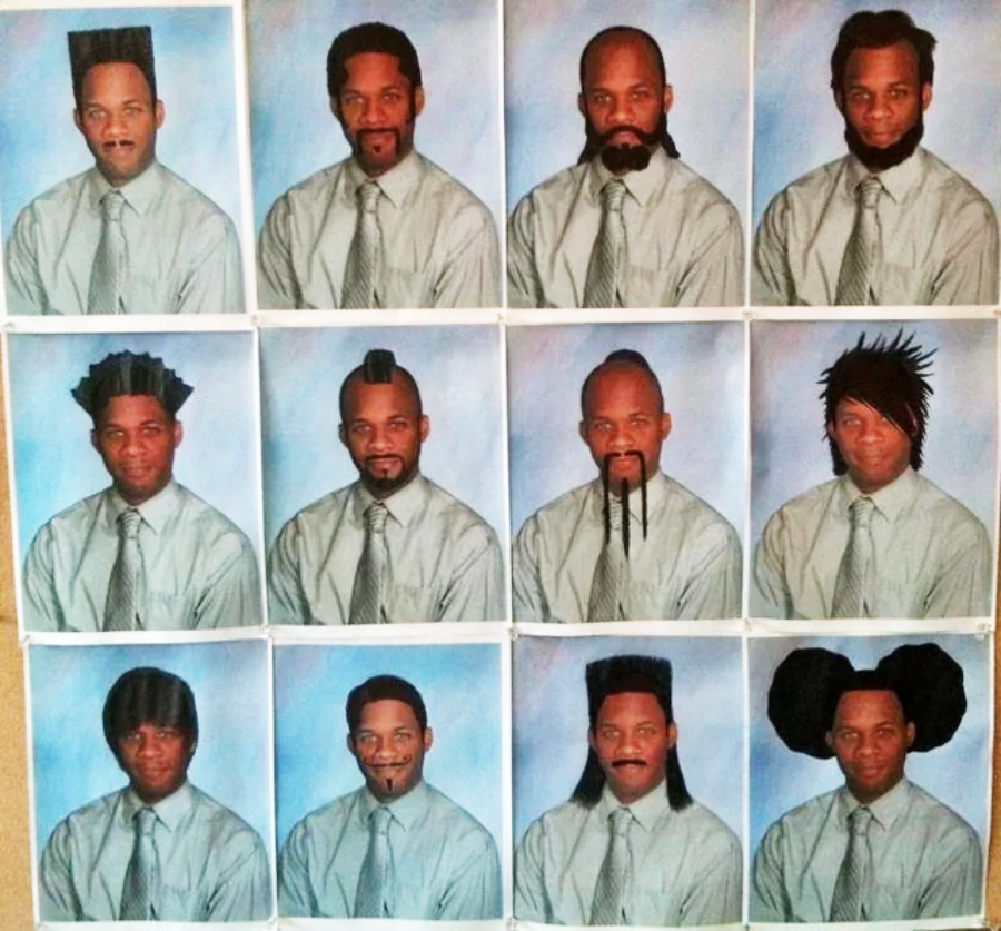 Four rows of school portraits showing the same man in a shirt and tie with fourteen different, playful hairstyles and facial hair styles edited onto his photo.