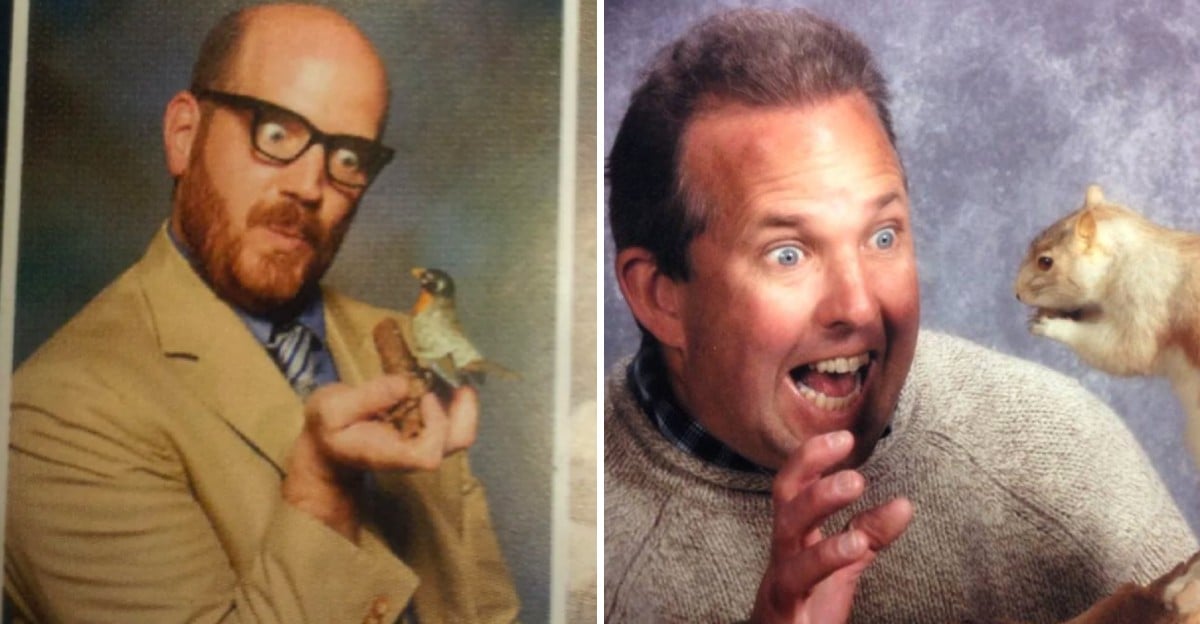 Two men pose for humorous portraits: the man on the left, wearing glasses and a tan suit, holds a small bird; the man on the right, wearing a sweater, reacts excitedly to a stuffed squirrel on his hand.