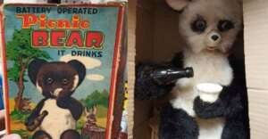 A vintage toy box labeled "Battery Operated Picnic Bear It Drinks" is shown next to a photo of a black and white bear toy holding a cup and a bottle, posed to look like it is pouring a drink.