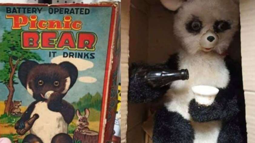 A vintage toy box labeled "Battery Operated Picnic Bear It Drinks" is shown next to a photo of a black and white bear toy holding a cup and a bottle, posed to look like it is pouring a drink.