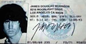 A California driver&rsquo;s license for James Douglas Morrison shows his photo, address, personal details, signature, and state seal. The license lists his height, eye color, hair color, and date of birth.