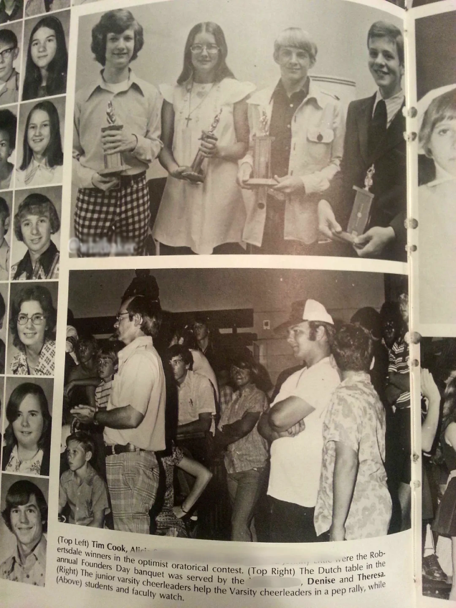 A black-and-white yearbook page shows students holding trophies and attending a school event. The top images feature students smiling with awards. The bottom photo shows a crowd, including cheerleaders and staff, in a gym or hall.