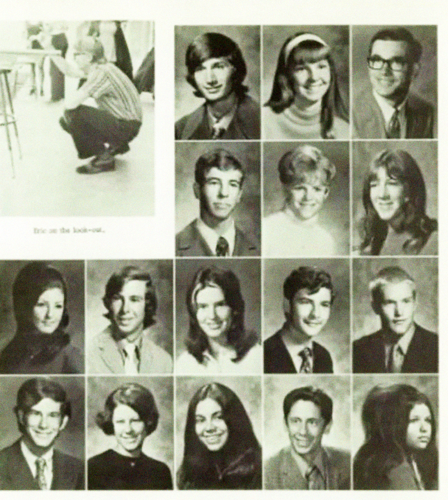 A grid of yearbook-style portraits featuring teenage boys and girls in formal attire, along with one black-and-white photo of a crouching person in casual clothes at the top left.