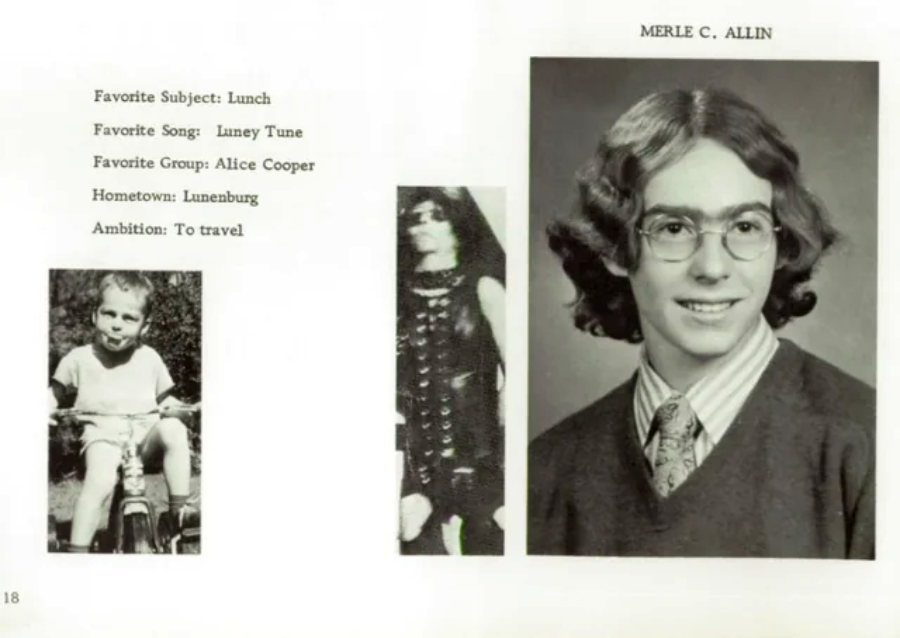 A yearbook page features Merle C. Allin's portrait, a childhood photo of him on a tricycle, and a photo of Alice Cooper. Text lists his favorites, hometown (Lunenburg), and ambition: "To travel.