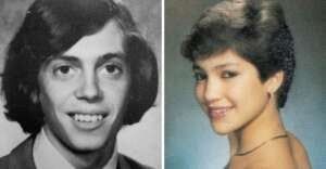 Side-by-side portraits of a young man in a suit with medium-length hair in black and white, and a young woman with short hair, smiling, wearing a necklace, in a color photo.