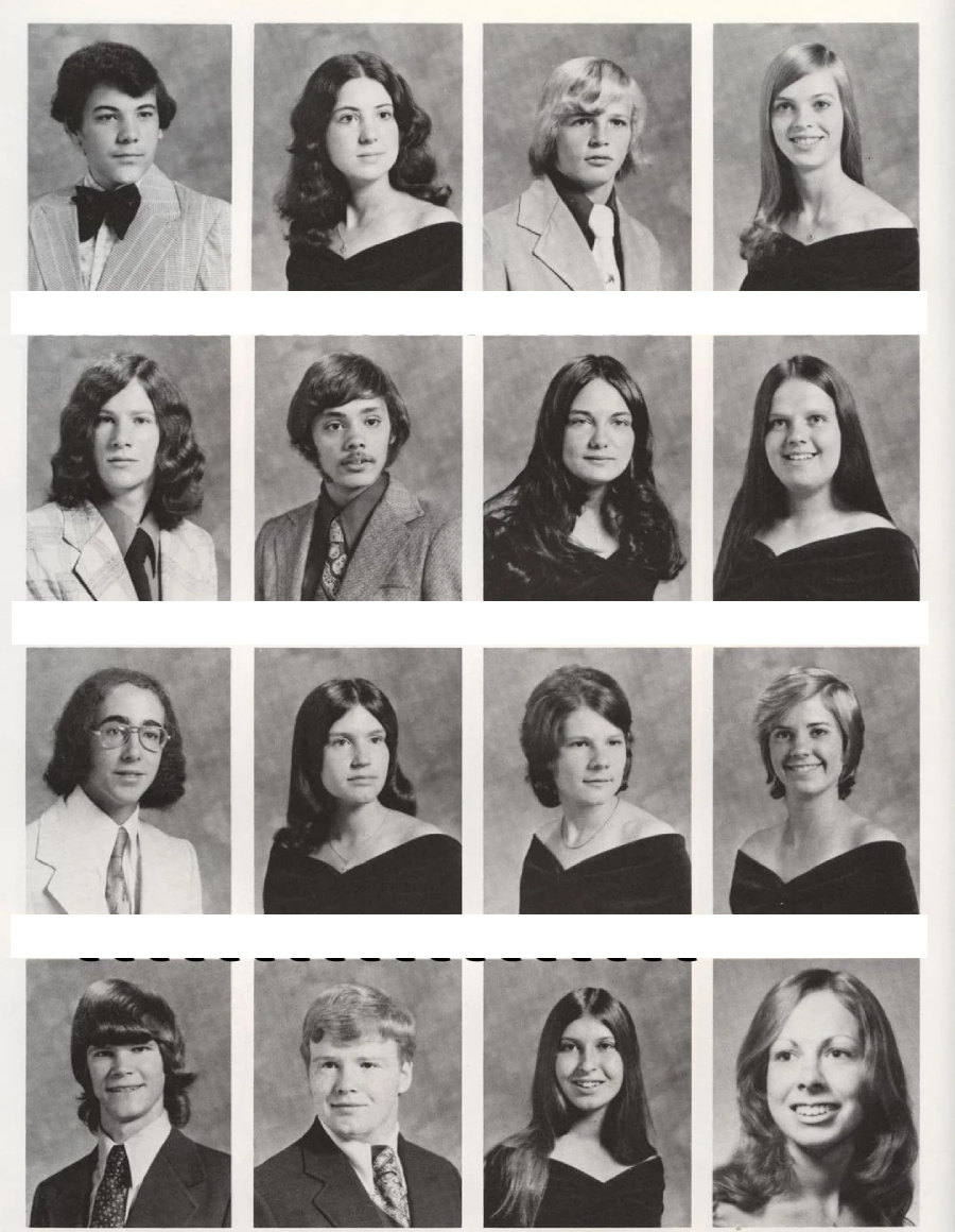 A black-and-white yearbook page with fifteen individual portraits of young men and women dressed formally, arranged in three rows. Most are wearing dark attire with light backgrounds.