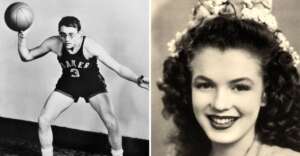A black-and-white split image: on the left, a basketball player in uniform dribbles a ball; on the right, a young woman with curly hair and a floral headpiece smiles for a portrait.