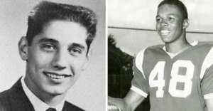A black and white split image: on the left, a young man in a suit and tie poses for a portrait; on the right, a young man in a football uniform with the number 48 holds a football and smiles.