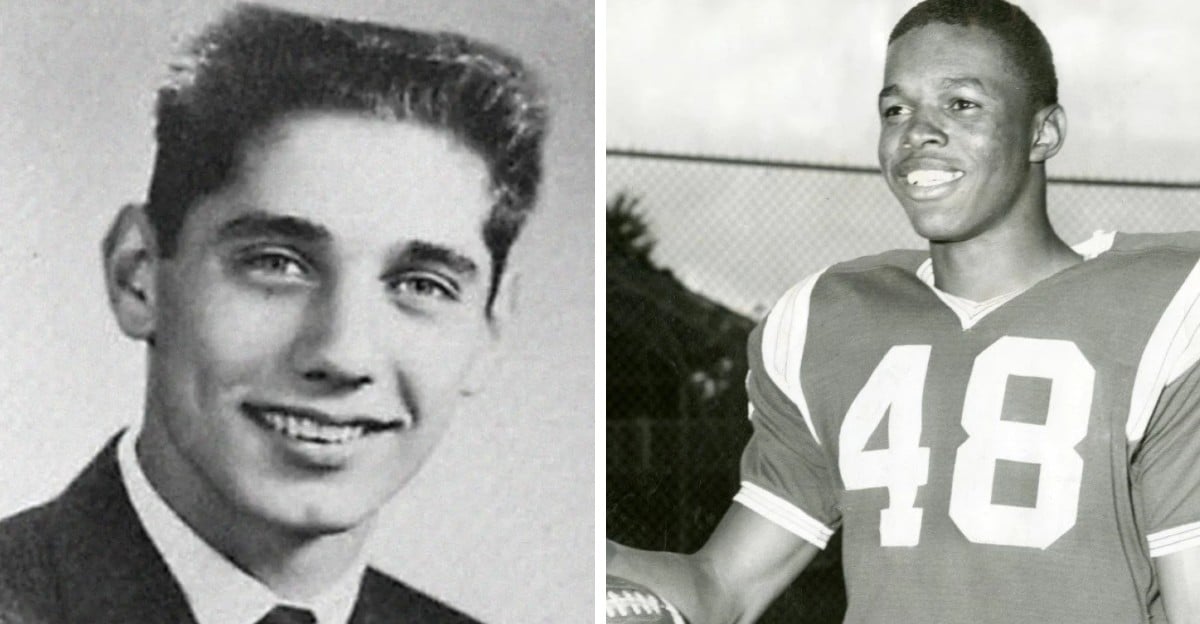 A black and white split image: on the left, a young man in a suit and tie poses for a portrait; on the right, a young man in a football uniform with the number 48 holds a football and smiles.