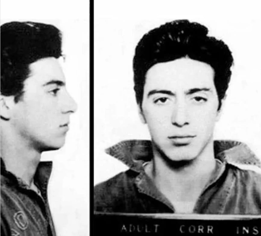Black and white mugshot photo showing a young man with dark hair in two views: profile on the left and facing forward on the right, wearing a collared jacket against a plain background.