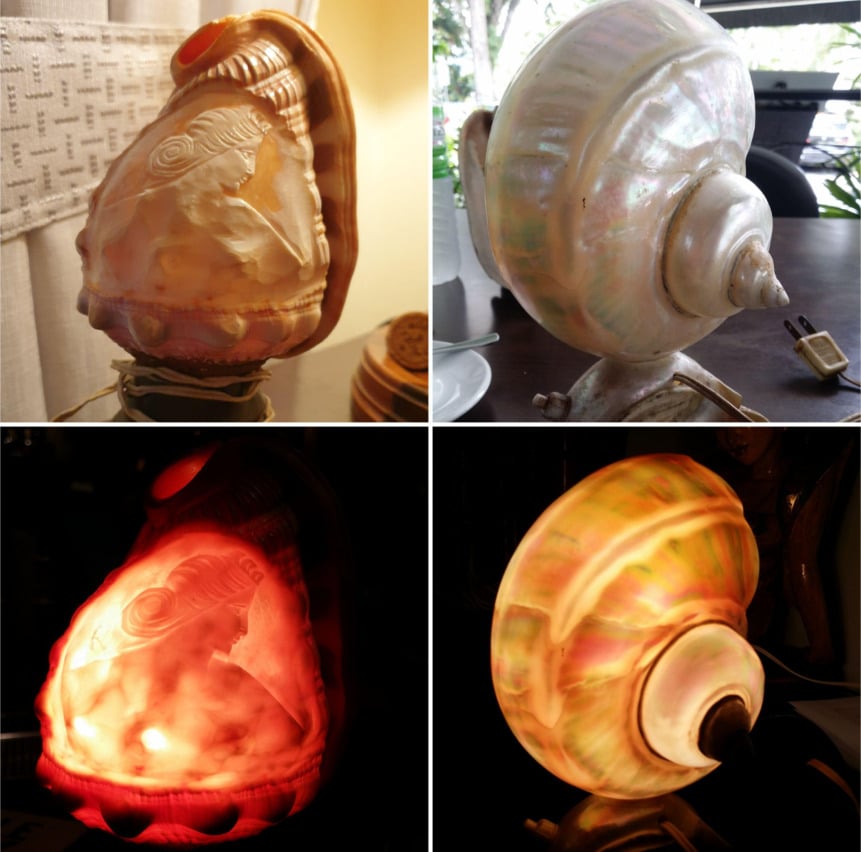 A collage of four photos showing two carved conch shells, both unlit and illuminated. The shells display a carved figure and glow warmly when lit from within, revealing intricate details of the carvings.