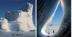 Split image: On the left, a sled dog team travels past a towering snow-covered ice formation; on the right, people stand inside an icy cave looking out through icicles at a ship and blue sky.