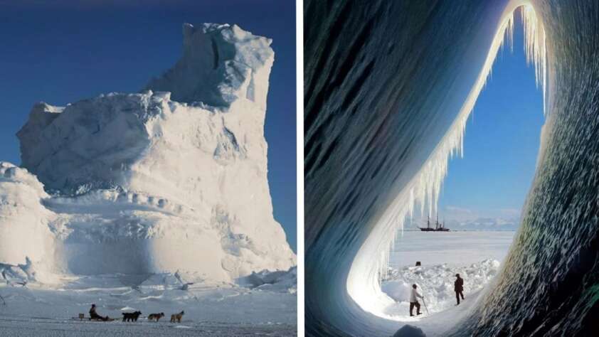 Split image: On the left, a sled dog team travels past a towering snow-covered ice formation; on the right, people stand inside an icy cave looking out through icicles at a ship and blue sky.