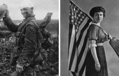 Historical black-and-white photos: Left, a smiling soldier with a bandaged head holds up a helmet; right, a woman in early 1900s dress holds an American flag and a broom, looking at the camera.