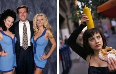 Left: Two women in fitted blue dresses and a man in a suit pose together and smile. Right: A woman holds a mustard bottle over her head while holding a pretzel with mustard, looking up playfully.