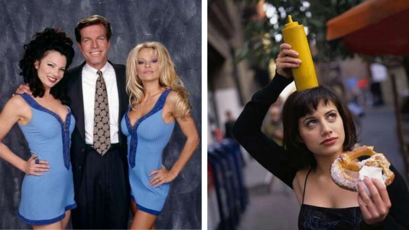 Left: Two women in fitted blue dresses and a man in a suit pose together and smile. Right: A woman holds a mustard bottle over her head while holding a pretzel with mustard, looking up playfully.