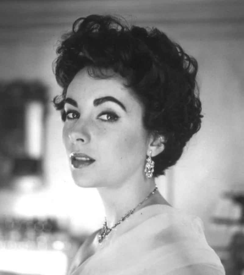 A woman with short, curly dark hair wears drop earrings and a necklace, gazing at the camera with a slight smile. She is dressed elegantly, and the background appears softly blurred.