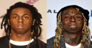 Side-by-side photos of the same man at different ages; on the left, he has short dreadlocks and minimal tattoos, on the right, he has longer blonde dreadlocks, facial tattoos, and is smiling slightly.