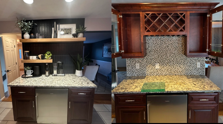 Side-by-side comparison of two home bar setups: the left has light cabinets, open shelves, black backsplash, and countertop appliances; the right has dark cabinets, glass-front shelves, wine rack, and mosaic tile backsplash.