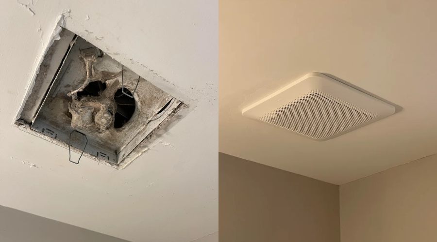 Side-by-side images: On the left, a ceiling vent filled with dust and debris. On the right, a new, clean vent cover installed on a smooth ceiling.