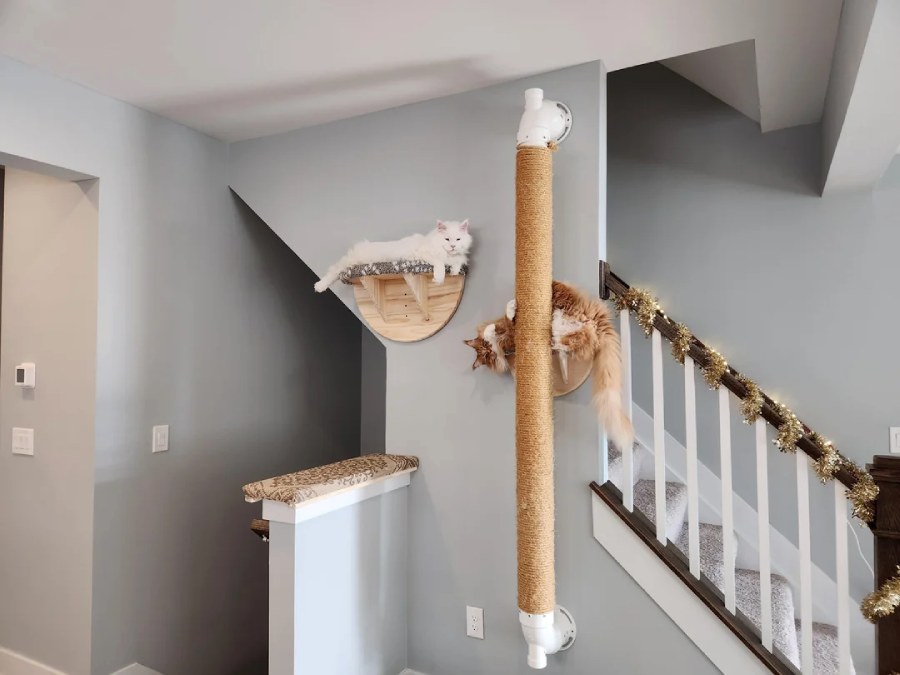 Two cats lounge on creative cat furniture: a white cat rests on a wall-mounted wooden shelf, while an orange cat clings to a tall, vertical scratching post attached near a staircase decorated with garland.
