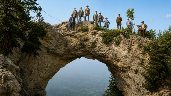Eleven people wearing hats and old-fashioned clothing stand atop a rocky natural stone arch with trees on the sides and a misty landscape visible below.