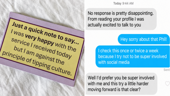 A note against tipping culture and a screenshot of text messages where someone explains they check messages rarely and is asked to try harder to respond.