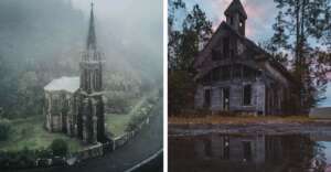 Side-by-side photos: on the left, an old stone church with a tall steeple surrounded by mist and greenery; on the right, a weathered, abandoned wooden church reflected in a puddle at sunset.