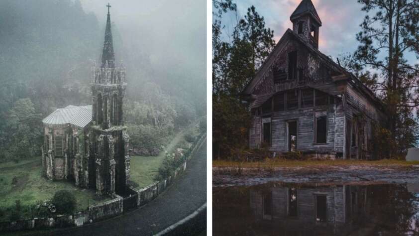 Side-by-side photos: on the left, an old stone church with a tall steeple surrounded by mist and greenery; on the right, a weathered, abandoned wooden church reflected in a puddle at sunset.