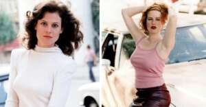 Two women posing separately: on the left, a woman with brown wavy hair in a white turtleneck; on the right, a woman with reddish hair in a pink tank top and burgundy skirt stands in front of a white car with her hands in her hair.