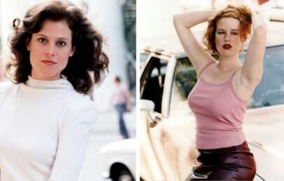 Two women posing separately: on the left, a woman with brown wavy hair in a white turtleneck; on the right, a woman with reddish hair in a pink tank top and burgundy skirt stands in front of a white car with her hands in her hair.