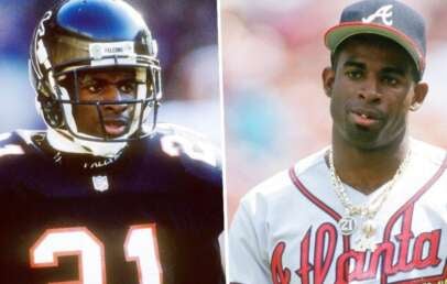Split image showing a man in an Atlanta Falcons football uniform and helmet on the left, and the same man in an Atlanta Braves baseball jersey and cap on the right, both wearing the number 21.