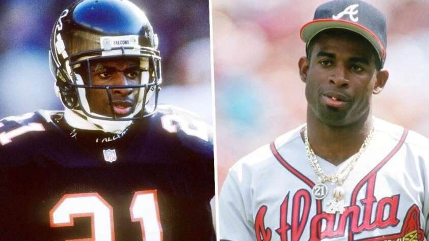Split image showing a man in an Atlanta Falcons football uniform and helmet on the left, and the same man in an Atlanta Braves baseball jersey and cap on the right, both wearing the number 21.