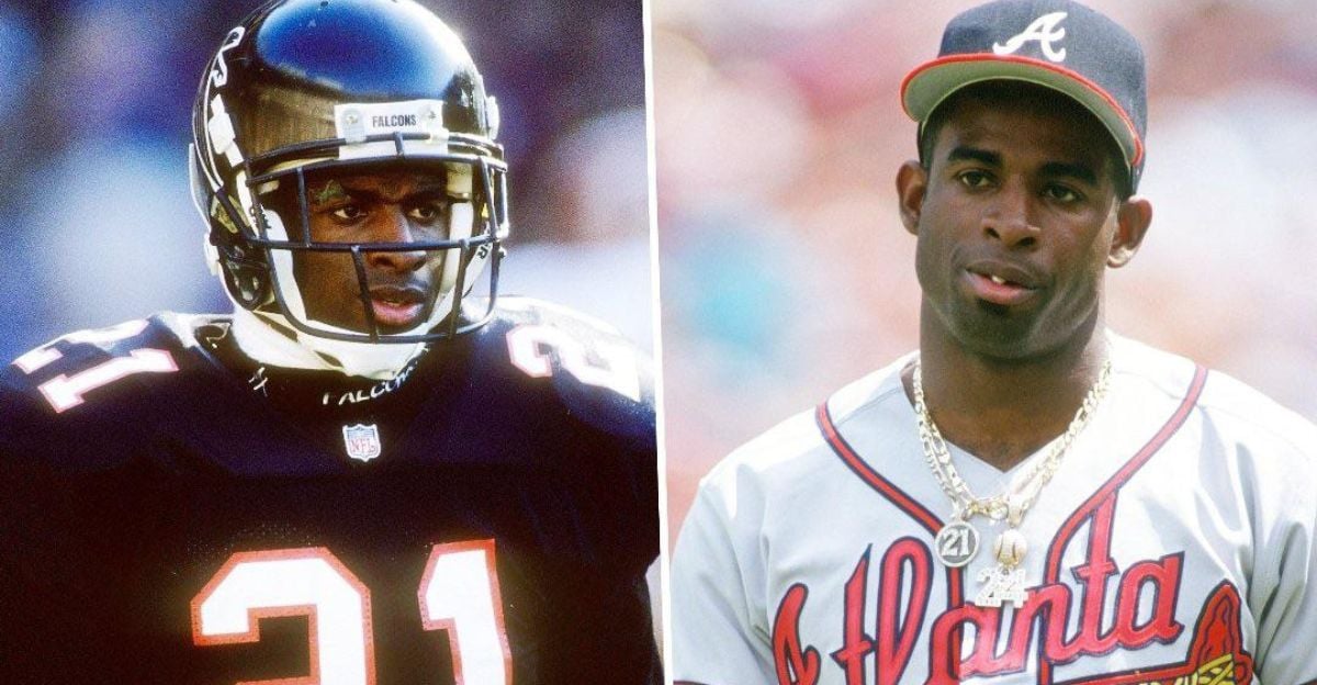 Split image showing a man in an Atlanta Falcons football uniform and helmet on the left, and the same man in an Atlanta Braves baseball jersey and cap on the right, both wearing the number 21.