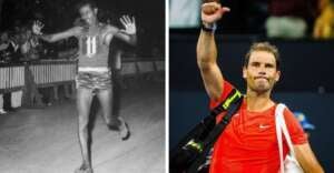 A black-and-white photo on the left shows a male runner finishing a race with arms raised. On the right, a color photo shows a male tennis player in a red shirt raising his fist, carrying sports gear over his shoulder.